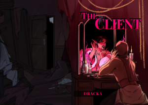 The Client's cover and back cover. A young man with his back to the audience sits in front of a mirror. In his reflection we see him changed; with long ears and a white fur coat he is not wearing in reality. The fire of the candles reflects pink and wild. We see his bedroom in disarray, and a mysterious figure looming at the doorstep.